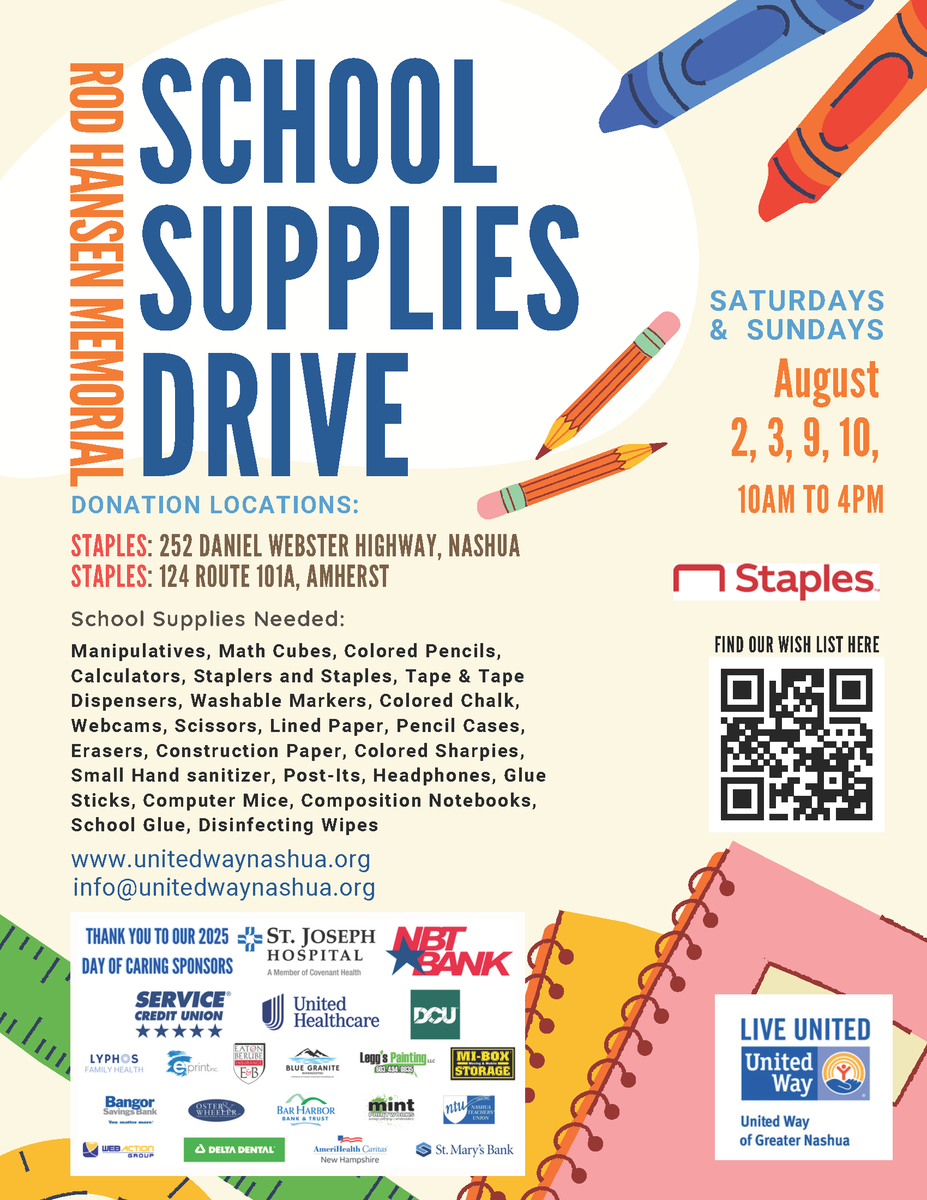 🗣 Call for Volunteers: Help Collect School Supplies!

We need volunteers to help gather school supply donations from shoppers at the Staples stores in Amherst and South Nashua. 

Register here:
School Supplies Drive Collection Volunteers 2025 | Volunteer Greater Nashua