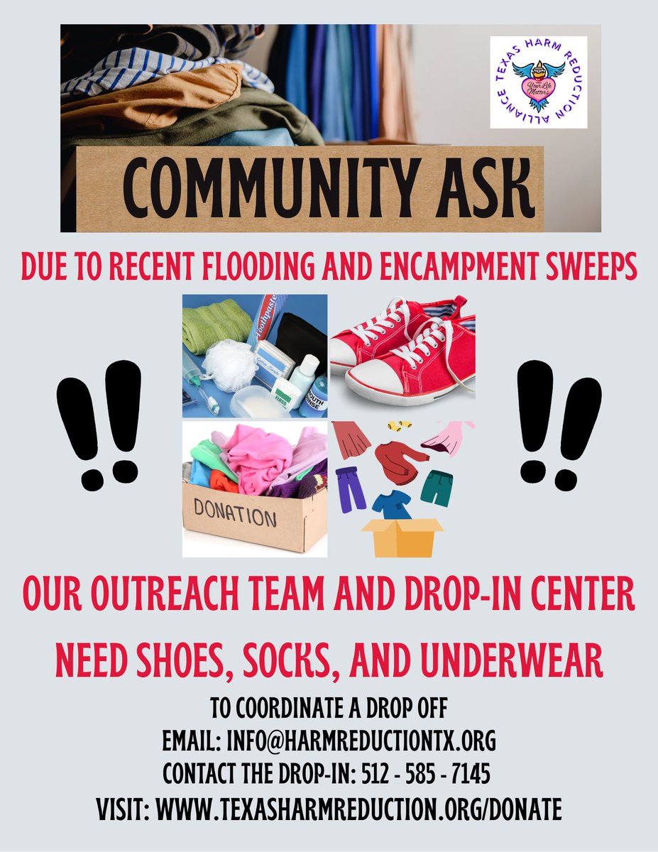 TexasHRA's tweet image. 🆘 COMMUNITY ASK 🆘
Due to recent flooding and encampment sweeps, our outreach team and drop-in center are receiving a high volume of requests for shoes, socks, and underwear for our unhoused neighbors. These essentials make a significant difference in someone’s dignity