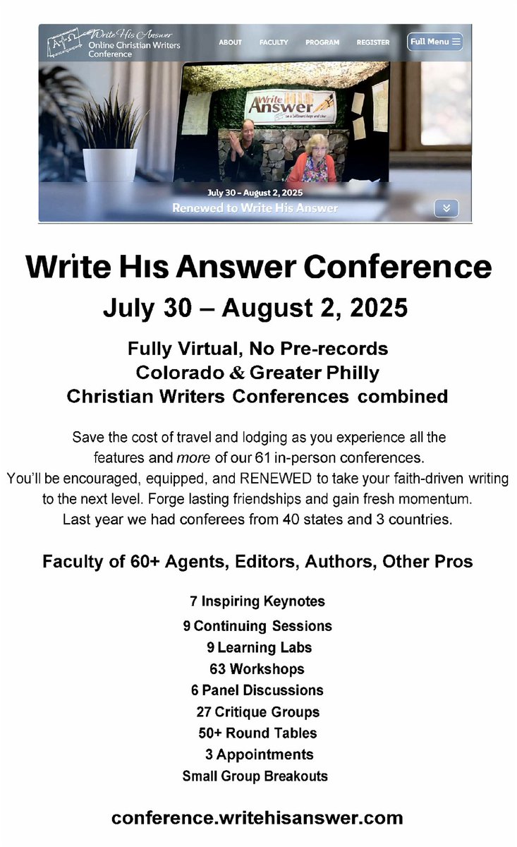 The 2025 WRITE HIS ANSWER ONLINE CHRISTIAN WRITERS CONFERENCE is almost here!!!                        Price increases July 10th - a mere TWO DAYS AWAY!
REGISTER TODAY!!!
#writingcommunity #christianauthors #amwriting #writercommunity #writehisanswer
