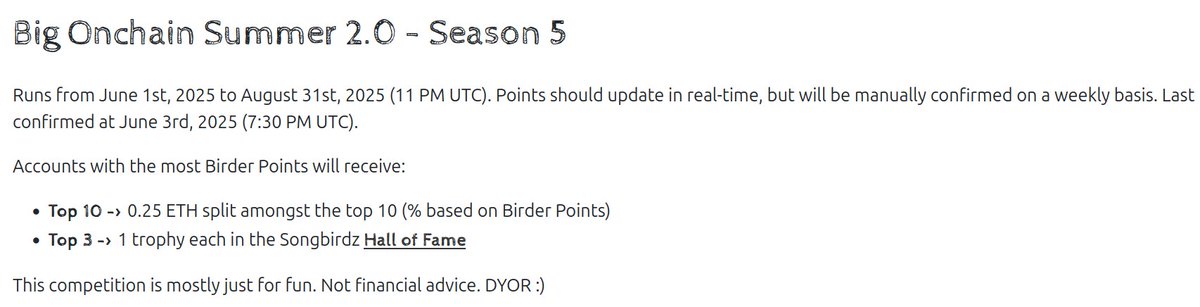 drytortuga.base.eth (@dry_tortuga) on Twitter photo I'm looking to grow our prize pool for Season 5 of the <a href="/songbirdz_cc/">Songbirdz</a> onchain bird watching competition!
Past contributors to our prize pool have included <a href="/toastonbase/">Toast</a> <a href="/taydotfun/">taylor</a> <a href="/CatTownBase/">Cat Town</a> <a href="/basedpeplo/">Peplo Escobar</a> <a href="/BitHomepage/">Million Bit</a> <a href="/ShibaPunkz/">ShibaPunkz | BASE🛡️</a> <a href="/BaseBullsNFT/">BaseBulls</a> <a href="/0FJAKE/">JAKE</a> <a href="/xPoli_arts/">xPoli</a> <a href="/qrcoindotfun/">qrcoin.fun</a> I'm looking to grow our prize pool for Season 5 of the <a href="/songbirdz_cc/">Songbirdz</a> onchain bird watching competition!
Past contributors to our prize pool have included <a href="/toastonbase/">Toast</a> <a href="/taydotfun/">taylor</a> <a href="/CatTownBase/">Cat Town</a> <a href="/basedpeplo/">Peplo Escobar</a> <a href="/BitHomepage/">Million Bit</a> <a href="/ShibaPunkz/">ShibaPunkz | BASE🛡️</a> <a href="/BaseBullsNFT/">BaseBulls</a> <a href="/0FJAKE/">JAKE</a> <a href="/xPoli_arts/">xPoli</a> <a href="/qrcoindotfun/">qrcoin.fun</a>