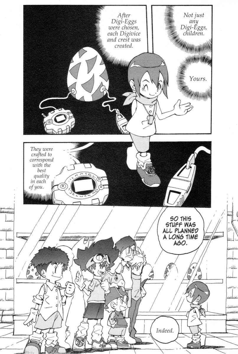 saurtauroyt's tweet image. Un "defensor" de las películas de Taguchi viene y me dice por la cara que NO reescriben el canon original de Digimon Adventure. Una sola página del manga chino contradice la establecido con el Digivice en The Beginning y el deseo de Ukkomon. ¿Esta gente a quién quiere engañar? 🤷♂️