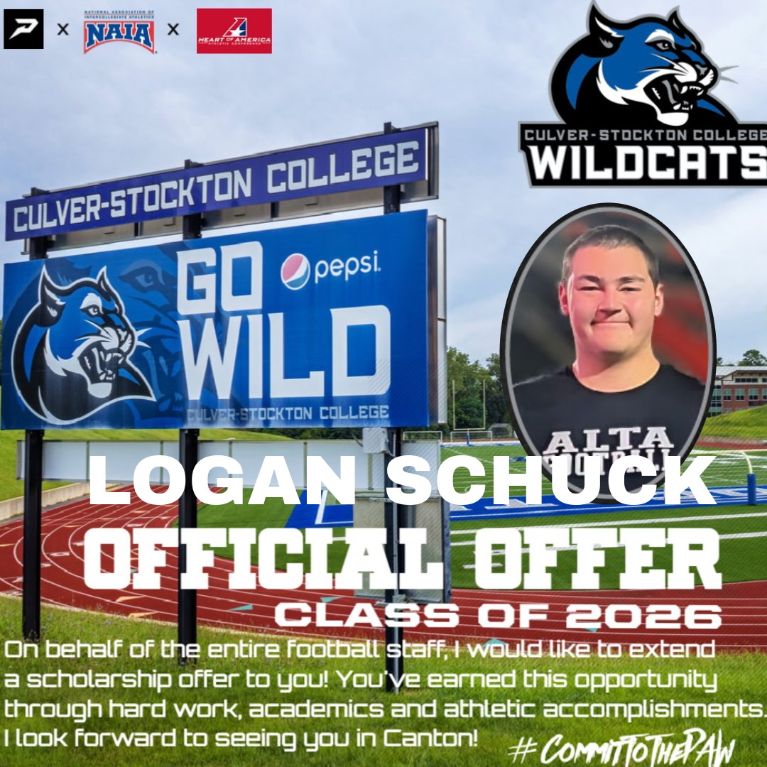 Logan Schuck (@logan_schuck67) on Twitter photo I am excited to announce I have received an offer from Culver-Stockon College! I want to thank <a href="/CoachCutshaw/">Roy Cutshaw Jr</a> for this opportunity. I also want to thank all of my coaches, teammates, and family who have helped me get to the position I am in today.
<a href="/altafootball/">Alta Football</a> <a href="/bburdette/">Blake Burdette</a> I am excited to announce I have received an offer from Culver-Stockon College! I want to thank <a href="/CoachCutshaw/">Roy Cutshaw Jr</a> for this opportunity. I also want to thank all of my coaches, teammates, and family who have helped me get to the position I am in today.
<a href="/altafootball/">Alta Football</a> <a href="/bburdette/">Blake Burdette</a>