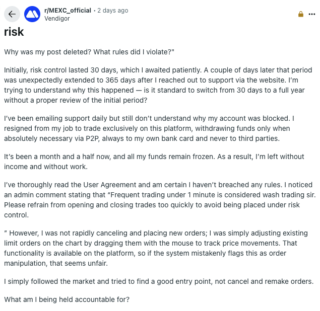 RiskVictim's tweet photo. #MEXC on @Reddit 

"Risk control" seems to be the trending topic, usually closed for discussion very early on by the admin, preventing more user feedback.

Visit the Mexc Reddit here:
https://t.co/GJTkzPX04y https://t.co/bmGhwHveIL