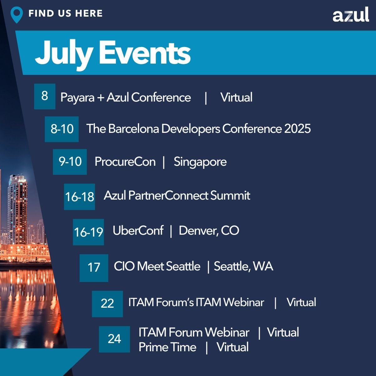 Azul (@azulsystems) on Twitter photo Check out our list of events for July! For registration details or information about our events, visit our LinkedIn page or stay tuned as the event gets closer.
 
#AzulEvents #Java #JavaDeveloper #Javasupport #ITAM #CIO #ITAssetManagement Check out our list of events for July! For registration details or information about our events, visit our LinkedIn page or stay tuned as the event gets closer.
 
#AzulEvents #Java #JavaDeveloper #Javasupport #ITAM #CIO #ITAssetManagement