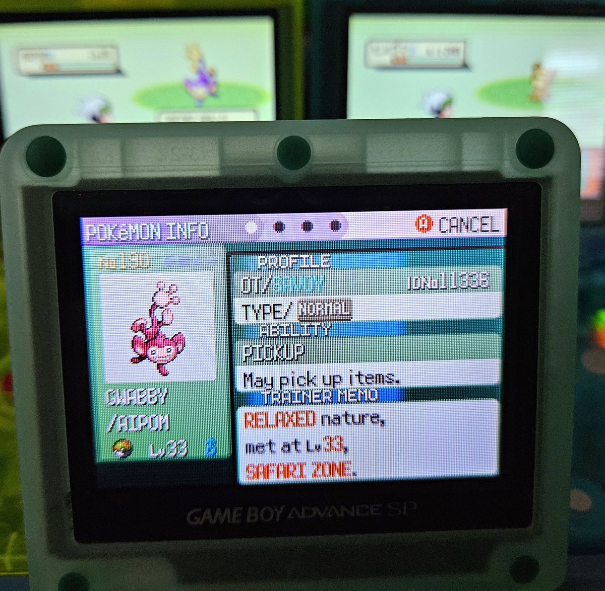 ShiningDanny1's tweet photo. #shinyaipom #aipom #rse #rubyversion #sapphireversion #emeraldversion #fullodds #gen3 #retro #gbasp #sp #cmod #modded #pokemon #shinypokemon #shinylivingdex #livingdex #safari #safariweek #safariweek2025 #winorfail https://t.co/mekpAuRAvd