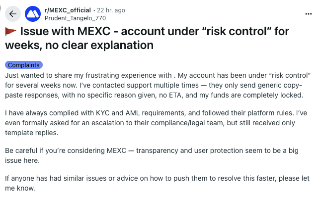 RiskVictim's tweet photo. #MEXC on @Reddit 

"Risk control" seems to be the trending topic, usually closed for discussion very early on by the admin, preventing more user feedback.

Visit the Mexc Reddit here:
https://t.co/GJTkzPX04y https://t.co/bmGhwHveIL