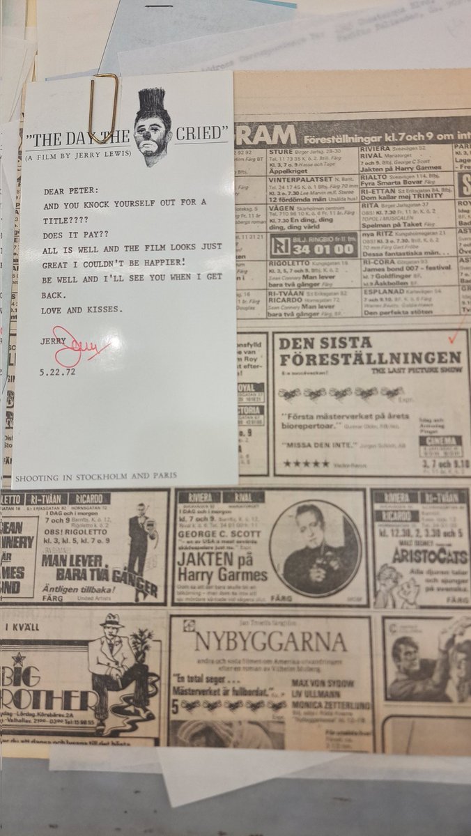 Has YOUR research led to you finding a note to Peter Bogdanovich from Jerry  Lewis on THE DAY THE CLOWN DIED stationary? My Bogdanovich book coming this fall!
