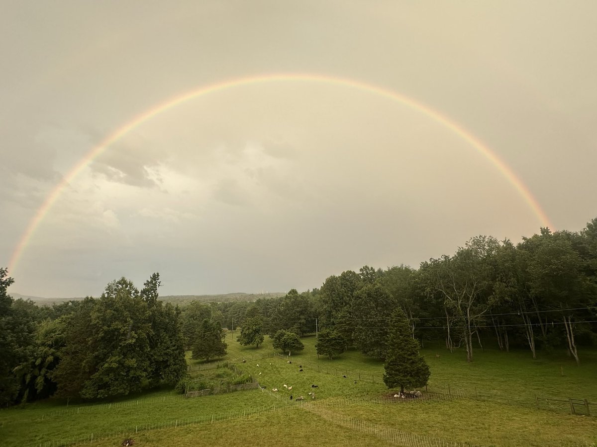 RyanTAnd's tweet image. A huge double rainbow over our pasture right now. Really beautiful in person. Photo doesn’t do it justice.