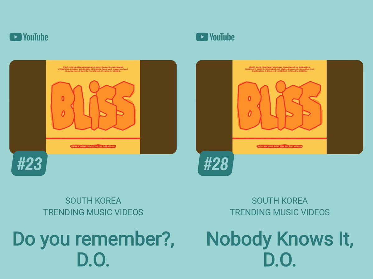 📢YOUTUBE📢

📈Trending in Music [South Korea]

#23🔺 Do You Remember
🎧 youtu.be/FCMEBFQ3JX4?si…
🎧 music.youtube.com/watch?v=FCMEBF…

#28 Nobody Knows It
🎧 youtu.be/IgywphLf1ps?si…
🎧 music.youtube.com/watch?v=Igywph…

#도경수 #디오 #DO(D.O.) #DOHKYUNGSOO <a href="/companysoosoo_/">Company Soosoo</a>