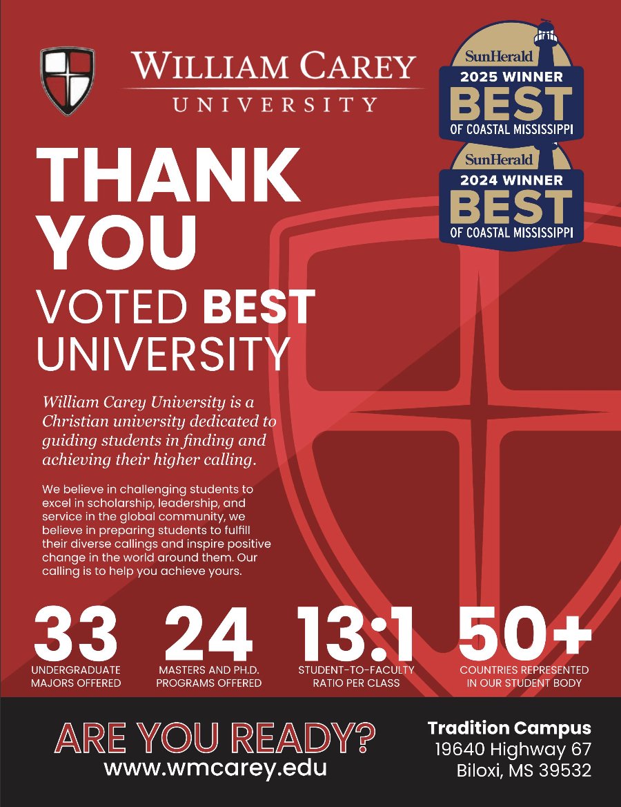 William Carey University Tradition Campus has been voted Best College/University on the Mississippi Gulf Coast for the second year in a row! 

Thank you for helping us win it back-to-back!