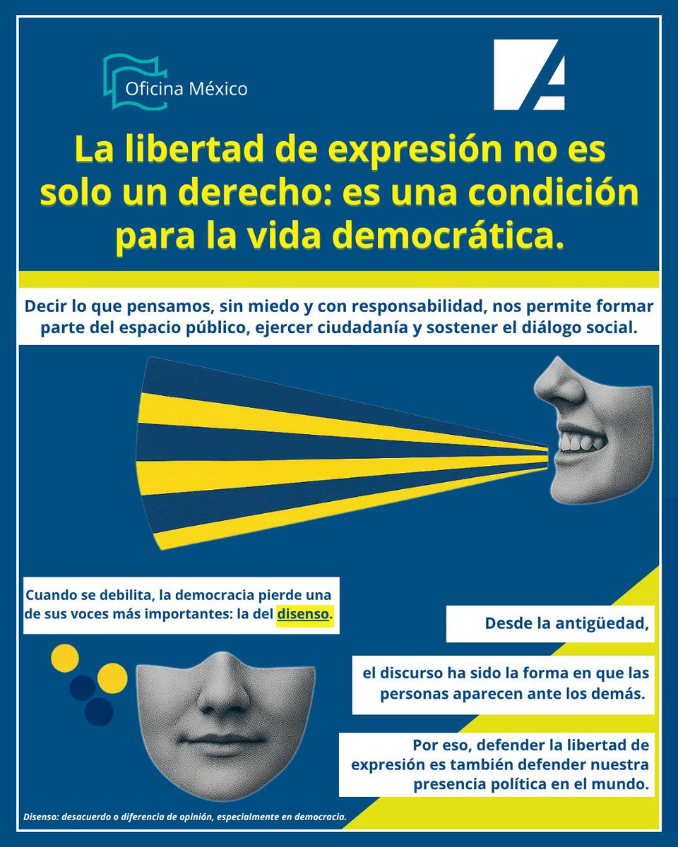 kasmexiko's tweet image. La libertad de expresión no es solo un derecho: es una condición para la vida democrática.
Cuando se debilita, la democracia pierde una de sus voces más importantes: la del disenso.
Defenderla es defender nuestra presencia en el debate público.
#LibertadDeExpresión #KASMéxico