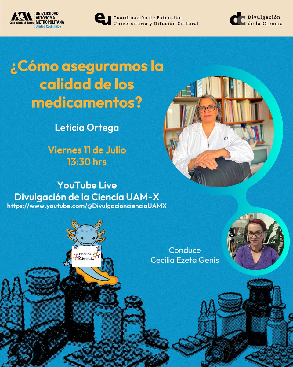 ¿Cómo aseguramos la calidad de los medicamentos? Te invitamos a esta conversación clave para la salud pública y la confianza en los tratamientos médicos.

📅 JULIO 11
🕜 13:30 horas
ℹ️ Participa: Mtra. Leticia Ortega Almanza / Conduce: Cecilia Ezeta Genis
🌐 Transmisión en vivo: