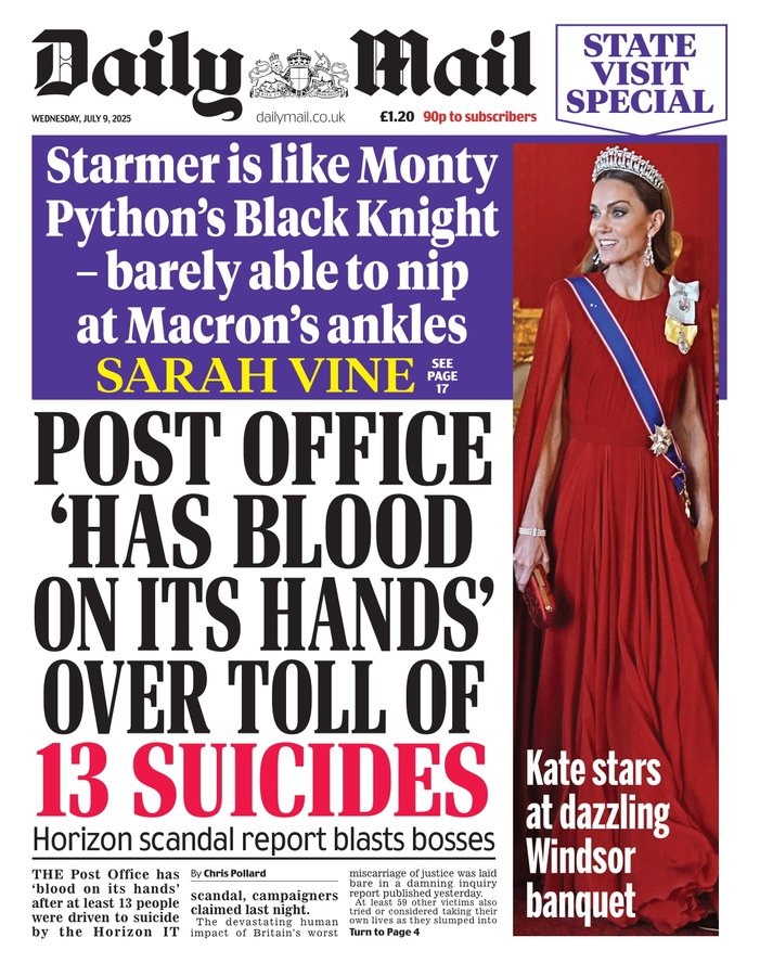 POST OFFICE 'HAS BLOOD ON ITS HANDS' OVER TOLL OF 13 SUICIDES
#TomorrowsPapersToday