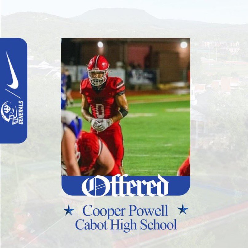 Cooper Powell (@cooperapowell) on Twitter photo After a great conversation with <a href="/Coach_Kirk4/">Andrew Kirkland</a>, I’m grateful to say I’ve received an offer from <a href="/Generals_Fball/">GeneralsFootball</a>, one of the oldest and most prestigious academic institutions in the country. <a href="/coach_rapoza/">Coach Rapoza</a> <a href="/CabotFB/">Cabot Football</a> After a great conversation with <a href="/Coach_Kirk4/">Andrew Kirkland</a>, I’m grateful to say I’ve received an offer from <a href="/Generals_Fball/">GeneralsFootball</a>, one of the oldest and most prestigious academic institutions in the country. <a href="/coach_rapoza/">Coach Rapoza</a> <a href="/CabotFB/">Cabot Football</a>