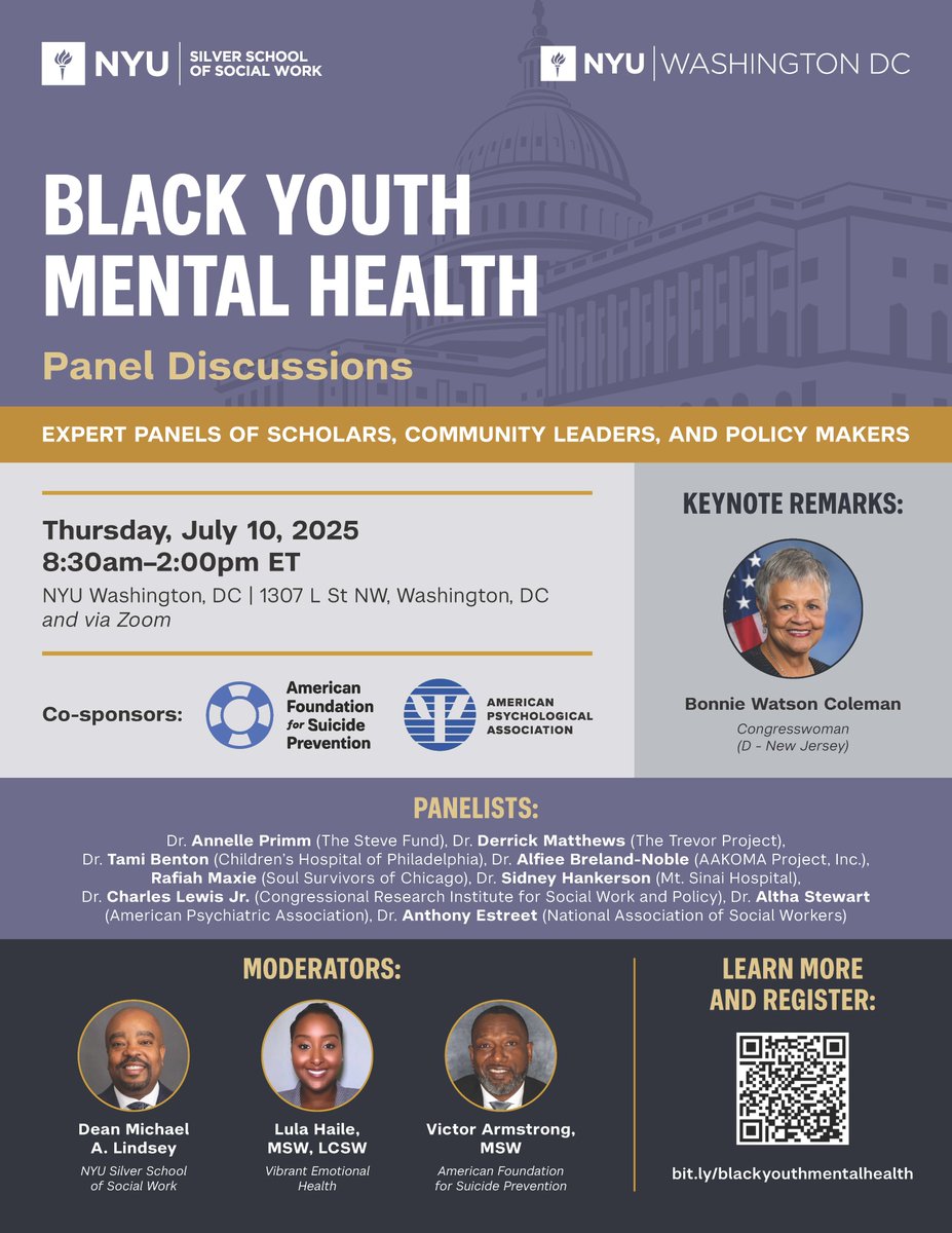 We are excited to attend the upcoming Black Youth Mental Health event convened by <a href="/NYUSilver/">NYU Silver</a> in Washington, DC. There will be panel discussions, research updates, and calls to action! Scan the QR code to learn more and register today! See you there! 💚