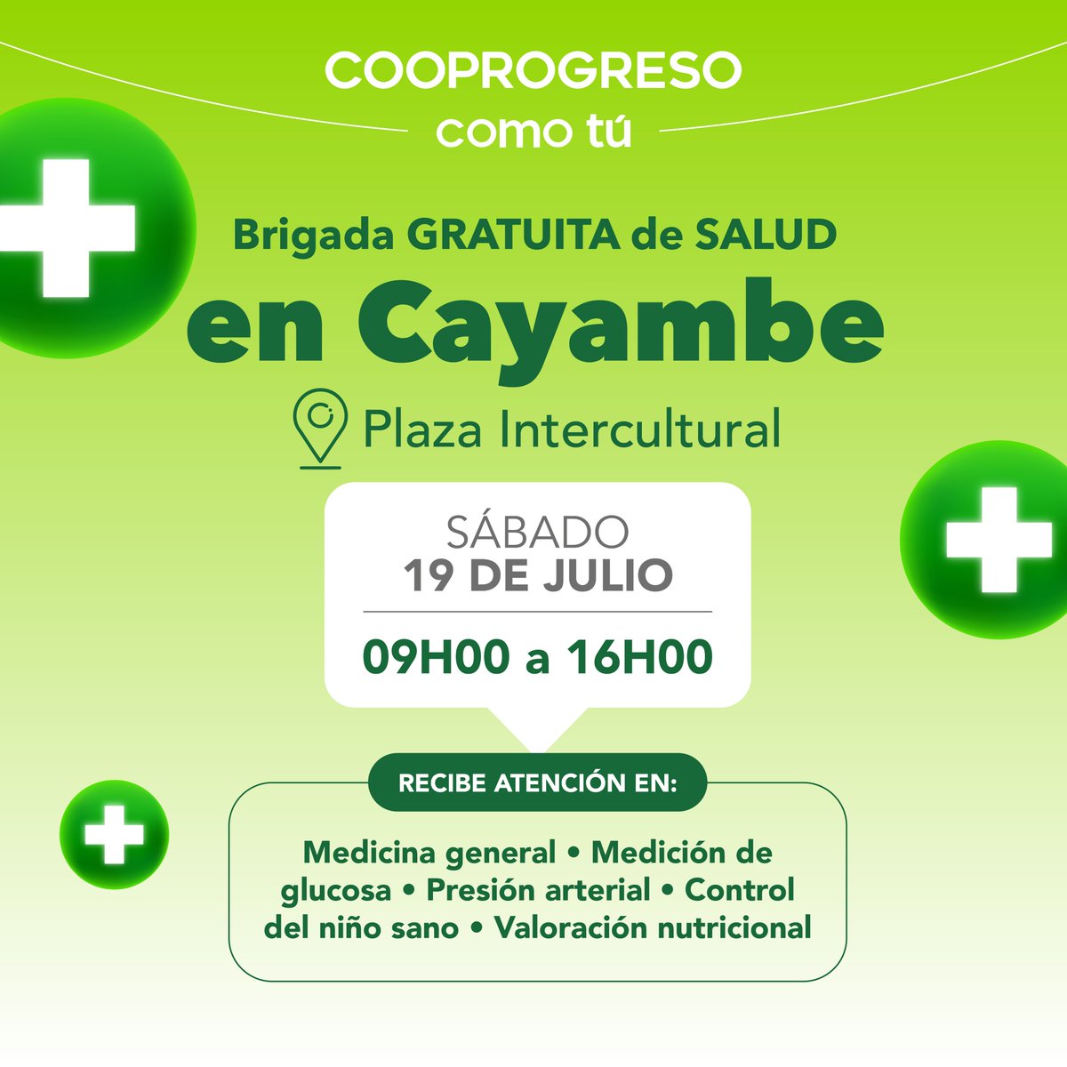🩺💚 Atención #Cayambe. Te invitamos a ser parte de nuestra Brigada Médica Gratuita este sábado 19 de julio, de 09h00 a 16h00, en la Plaza Intercultural de Cayambe.

No necesitas ser socio para acceder a esta jornada de salud y bienestar cerca de ti!