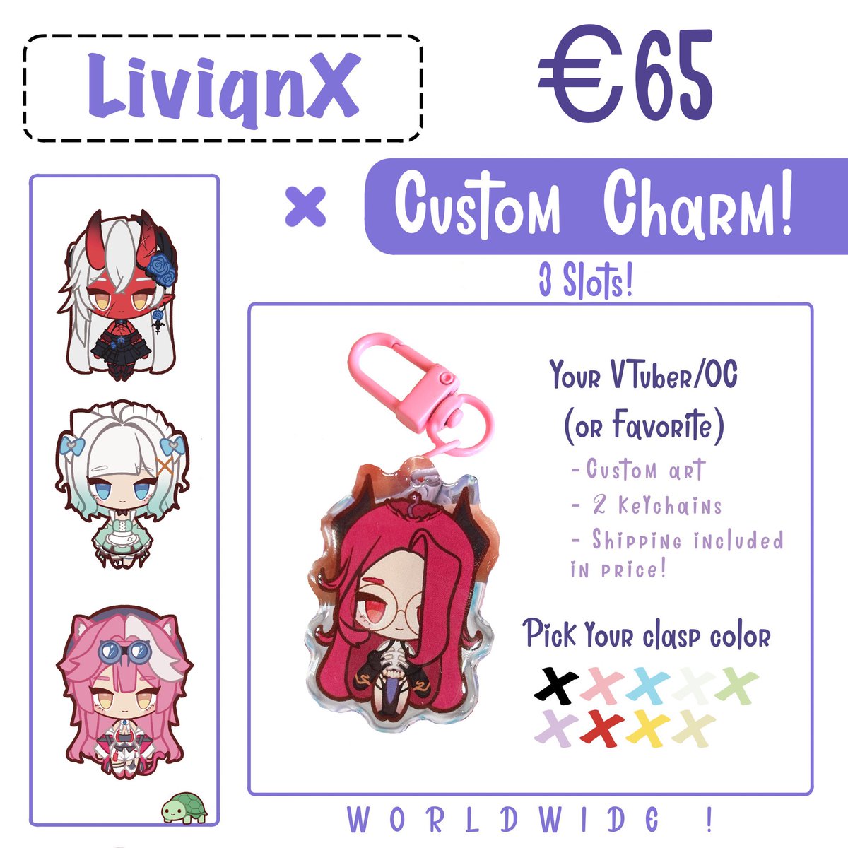 [CHARM COMMS OPEN]
My custom charm commissions are open again!
Get a charm of your favorite/your VTuber/oc!

3 slots available! 💜
These will be finished REAL FAST 

🔗 below!

#vgenartist #vgenopen