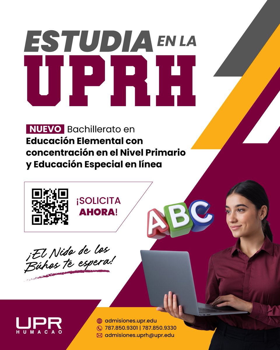 ✨ ¡Sé el maestro que nuestros niños necesitan!

🎓✨ ¡Sé el maestro que nuestros niños necesitan!
Con el Bachillerato en Educación Elemental con concentración en el Nivel Primario y Educación Especial de la #UPRH, recibirás una formación integral para educar, inspirar y