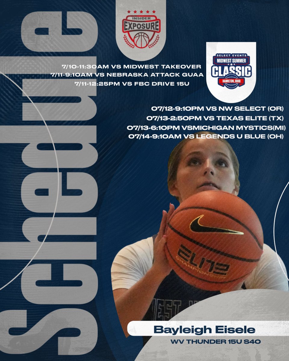 Bayleigh Eisele (@bayleigh_eisele) on Twitter photo Ready to work! Here’s our schedule for the weekend! #PG10
<a href="/WVThunderBlum/">WV Thunder Select 15U P24</a>
<a href="/WVThunderUAA/">West Virginia Thunder UAA</a>
<a href="/dannyriego/">Danny Riego</a>
<a href="/HHHuskiesGBB/">Hamilton Heights Womens Basketball</a>
<a href="/ProspectShowcse/">Prospect_ShowcaseWBB</a>
<a href="/JrAllStarBB/">Jr. All-Star Girls Basketball</a>
<a href="/SelectEventsBB/">Select Events Basketball</a> Ready to work! Here’s our schedule for the weekend! #PG10
<a href="/WVThunderBlum/">WV Thunder Select 15U P24</a>
<a href="/WVThunderUAA/">West Virginia Thunder UAA</a>
<a href="/dannyriego/">Danny Riego</a>
<a href="/HHHuskiesGBB/">Hamilton Heights Womens Basketball</a>
<a href="/ProspectShowcse/">Prospect_ShowcaseWBB</a>
<a href="/JrAllStarBB/">Jr. All-Star Girls Basketball</a>
<a href="/SelectEventsBB/">Select Events Basketball</a>