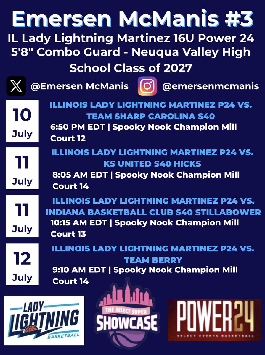 Emersen McManis (@emersenmcmanis) on Twitter photo Here is my schedule for the Select Super Showcase. I can’t wait to compete this week! <a href="/LadyLightningIL/">IL Lady Lightning</a> Here is my schedule for the Select Super Showcase. I can’t wait to compete this week! <a href="/LadyLightningIL/">IL Lady Lightning</a>