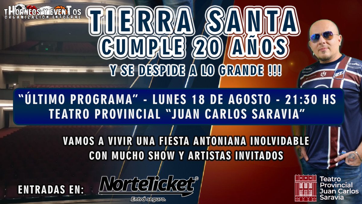 Se viene el final de Tierra Santa. Te lo vas a perder?

Vamos a vivir una fiesta Antoniana inolvidable y a teatro lleno. 

Lunes 18/8 - 21:30 hs en el Teatro Provincial Juan Carlos Saravia 

Busca tus entradas acá: norteticket.com/TIERRA-SANTA--…