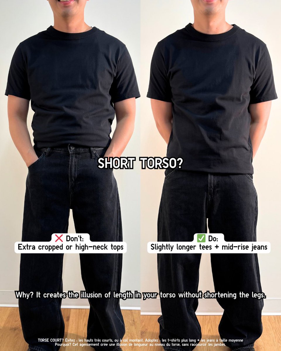 Uniqlo_Canada's tweet image. Swipe to find out if you have a long or short torso — and how to style it right! 

—

Faites glisser pour découvrir si votre torse est plutôt long, ou plutôt court, et comment adapter vos choix!

#UniqloTShirt #DenimStyle #StyleTips #UniqloCanada