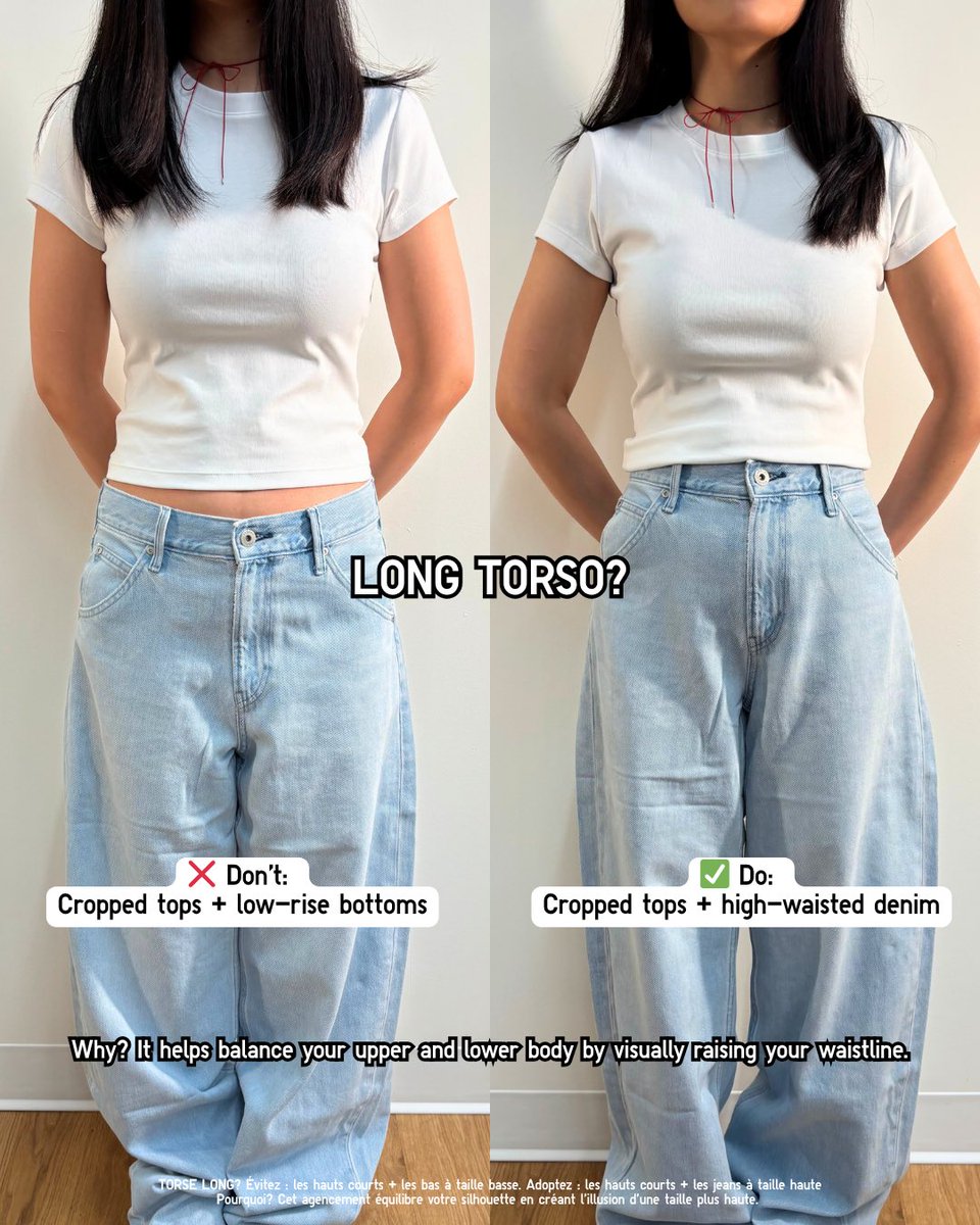 Uniqlo_Canada's tweet image. Swipe to find out if you have a long or short torso — and how to style it right! 

—

Faites glisser pour découvrir si votre torse est plutôt long, ou plutôt court, et comment adapter vos choix!

#UniqloTShirt #DenimStyle #StyleTips #UniqloCanada