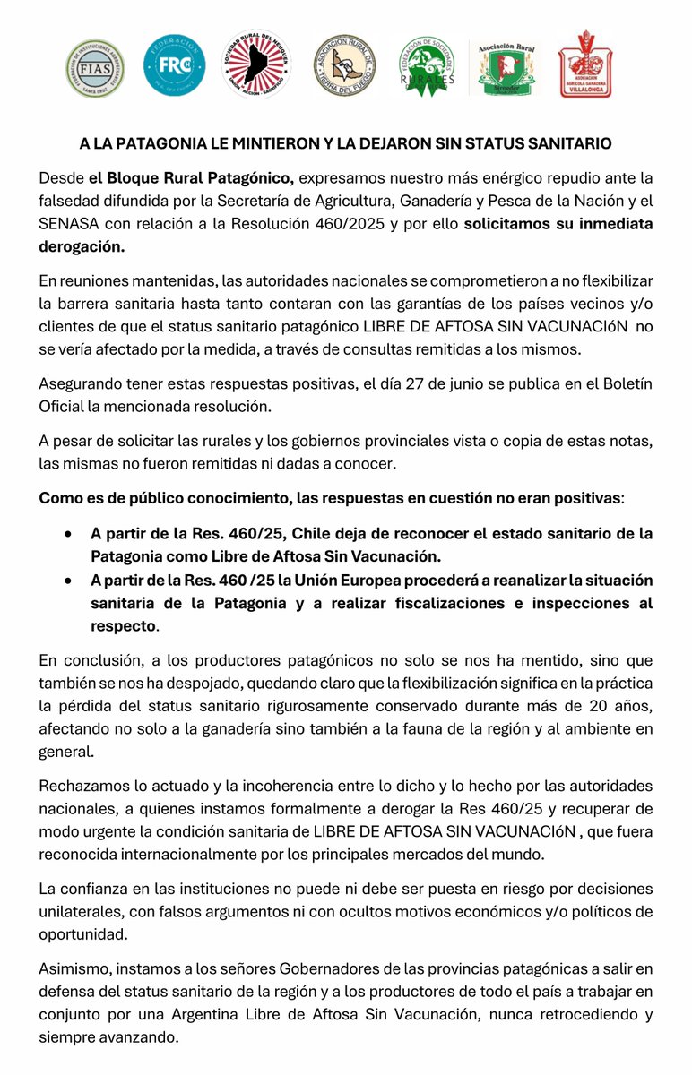🔴 Comunicado del Bloque Rural Patagónico
A LA PATAGONIA LE MINTIERON Y LA DEJARON SIN STATUS SANITARIO