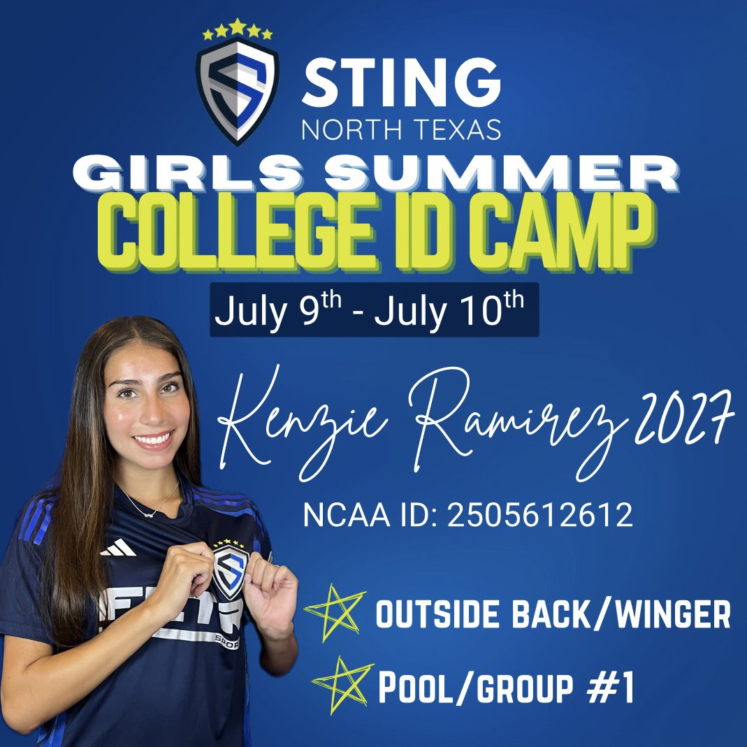 Kenzie Ramirez 2027 (@kenzieramirez08) on Twitter photo Excited for the Sting NTX College ID Camp tomorrow at Love Joy High School! I’m assigned to Pool/Group #1.
Wednesday Session 1&2: 8am-9:30am and 6pm-7:30pm
Thursday Session 3:
8am-9:30am
<a href="/ImCollegeSoccer/">College Soccer Truth ™</a> <a href="/ImYouthSoccer/">ECNL/GA/Recruiting/College Soccer</a> <a href="/PrepSoccer/">Prep Soccer ⚽️</a> <a href="/StingSoccerClub/">Sting Soccer Club</a> <a href="/TheSoccerWire/">SoccerWire</a> <a href="/ECNL_RL_08/">Sting Black 08/07 ECNL RL</a> Excited for the Sting NTX College ID Camp tomorrow at Love Joy High School! I’m assigned to Pool/Group #1.
Wednesday Session 1&2: 8am-9:30am and 6pm-7:30pm
Thursday Session 3:
8am-9:30am
<a href="/ImCollegeSoccer/">College Soccer Truth ™</a> <a href="/ImYouthSoccer/">ECNL/GA/Recruiting/College Soccer</a> <a href="/PrepSoccer/">Prep Soccer ⚽️</a> <a href="/StingSoccerClub/">Sting Soccer Club</a> <a href="/TheSoccerWire/">SoccerWire</a> <a href="/ECNL_RL_08/">Sting Black 08/07 ECNL RL</a>