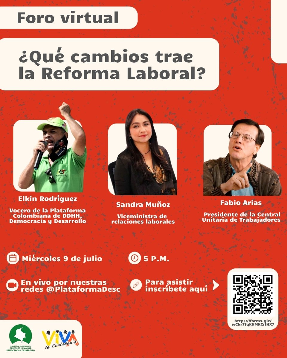 ¡Mañana!‼️
🧐Estaremos conversando en el Foro ¿Qué cambios trae la Reforma Laboral? con⬇️
✅Elkin Rodríguez de la @PlataformaDesca 
✅Sandra Muñoz, Viceministra de relaciones laborales
✅Fabio Arias, presidente de la <a href="/cutcolombia/">Central Unitaria de Trabajadores</a> 

🔴Nos vemos a las 5 P.M. en nuestras redes 🙌🏽