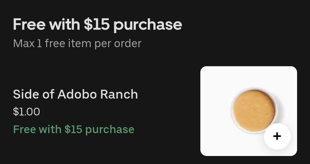 Doctor_Zero89's tweet photo. Chipotle gives you a free side of sauce on Uber Eats if you spends $15 dollars. The sauce costs $1. https://t.co/iCCz6jBxa4