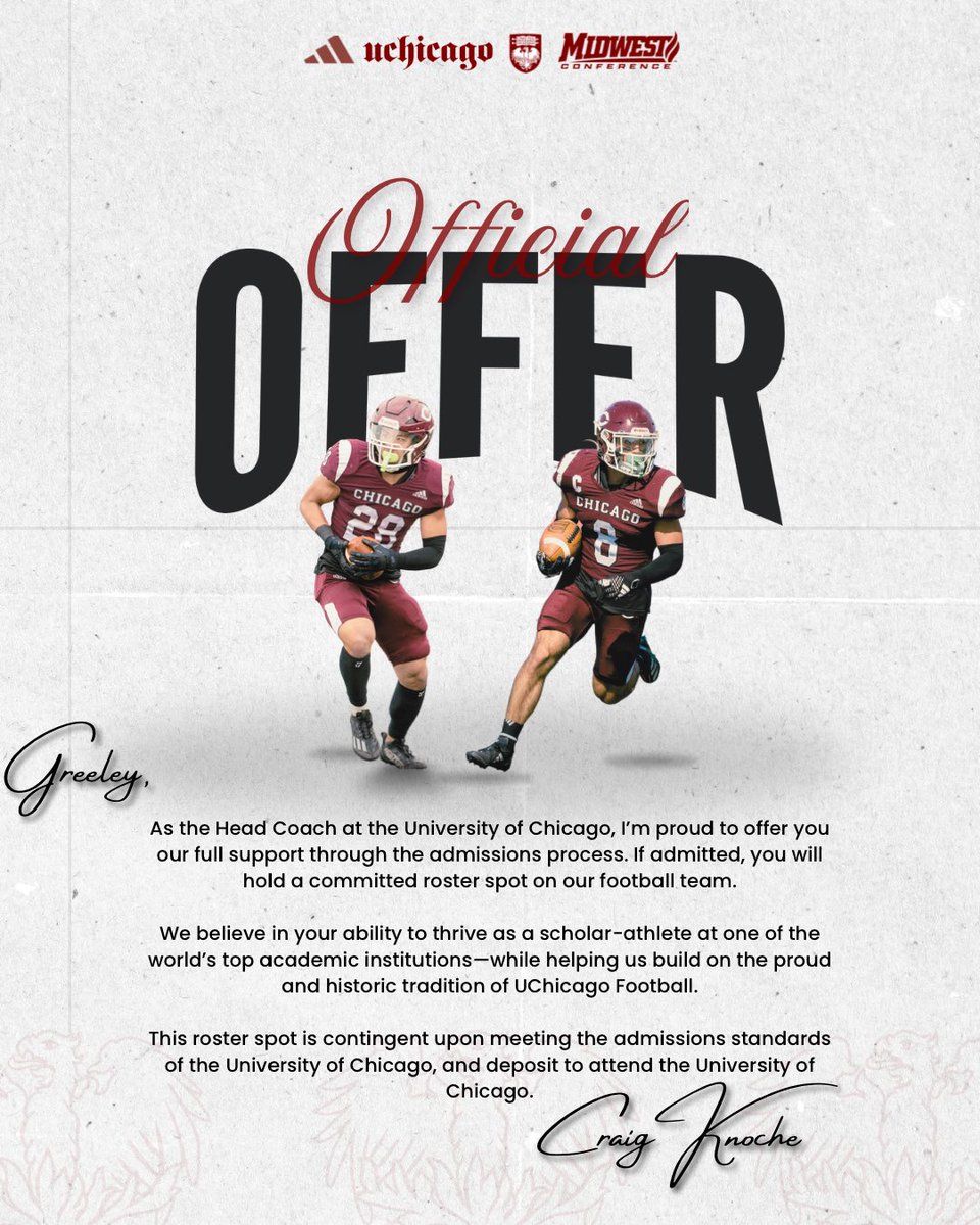 Greeley McAden (@gmcaden) on Twitter photo After a great camp at Harvard today, I’m blessed to say I’ve received an offer to continue my academic and athletic career at <a href="/UChicagoFB/">UChicago Football</a>. Thank you <a href="/CoachK_UChicago/">Craig Knoche</a> for the opportunity!! <a href="/Coach_J_Nelson/">Coach Jason Nelson</a> <a href="/CoachZBirdwell/">Zach Birdwell</a> <a href="/Coach_RickSmith/">Rickey smith</a> <a href="/BBBurruss/">Beau Blake Burruss</a> #AGTG After a great camp at Harvard today, I’m blessed to say I’ve received an offer to continue my academic and athletic career at <a href="/UChicagoFB/">UChicago Football</a>. Thank you <a href="/CoachK_UChicago/">Craig Knoche</a> for the opportunity!! <a href="/Coach_J_Nelson/">Coach Jason Nelson</a> <a href="/CoachZBirdwell/">Zach Birdwell</a> <a href="/Coach_RickSmith/">Rickey smith</a> <a href="/BBBurruss/">Beau Blake Burruss</a> #AGTG