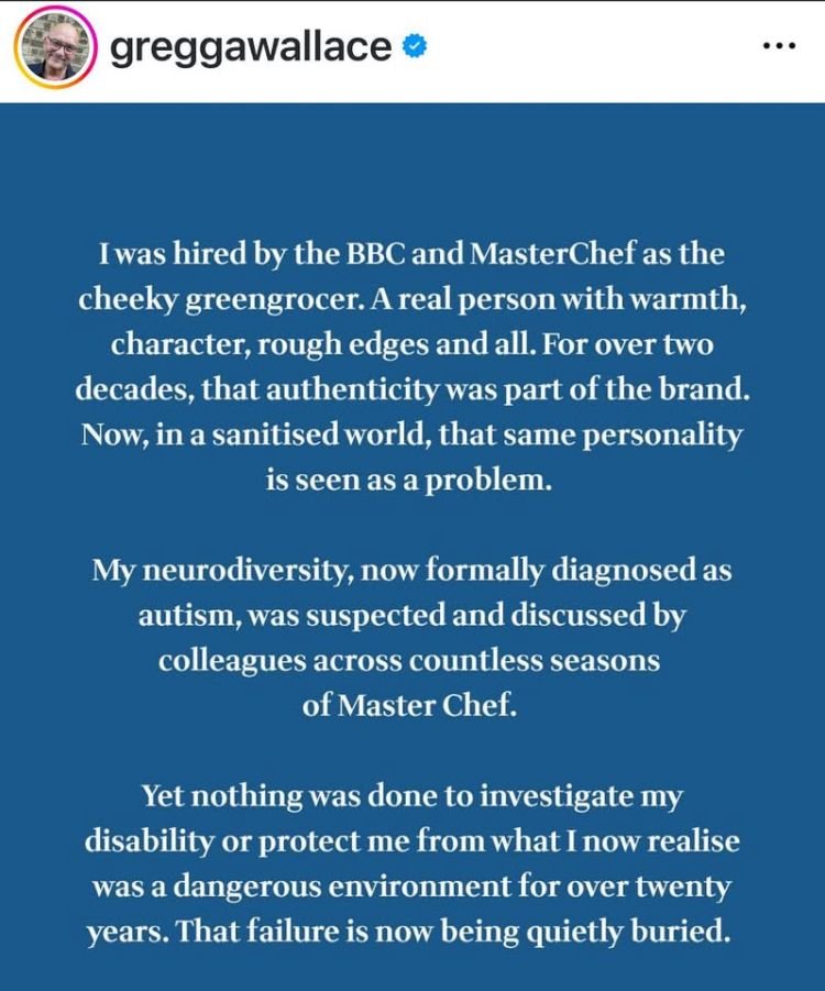 Gregg Wallace is back to his old tricks. Now he's blaming his sexual harassment of women on autism and saying he's a victim. This is peak #MensMentalHealth.