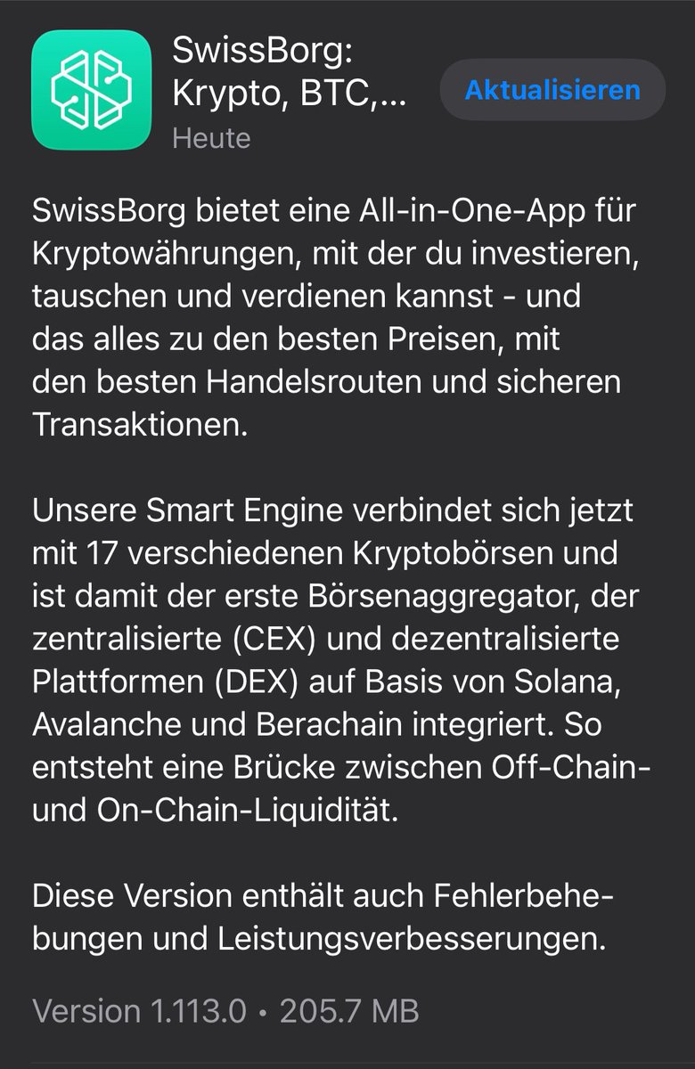 🇩🇪 Jetzt updaten: Neue App-Version.

🇬🇧 Update now: new app version available.
 
🔹 V 1.113.0

➡️ swissborgtribe.ch/app

#iOS @SwissBorg #SwissBorgDE