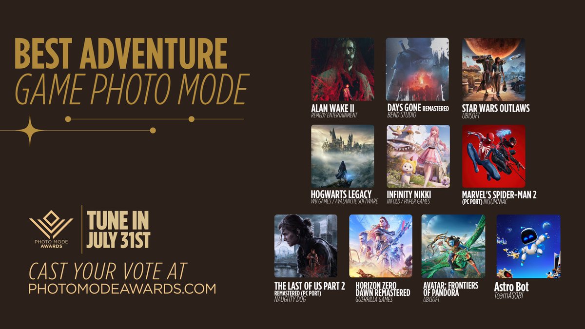 PhotoModeAwards's tweet image. Which Adventure Game had the best photo mode this year? 📸

The votes are open — have you picked your favourite?
photomodeawards.com/people-choice

Cast your vote now and tell us which game delivered the most memorable photo mode experience!

Voting closes 13th July