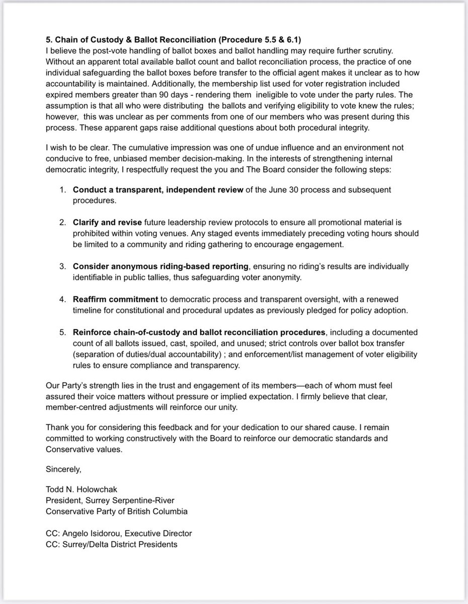 NEW - 9. A letter from Surrey–Serpentine River riding president Todd Holowchak to party leadership reveals deep concerns over how the leadership vote was run in Surrey. Serious issues are being flagged. #bcpoli #vanpoli