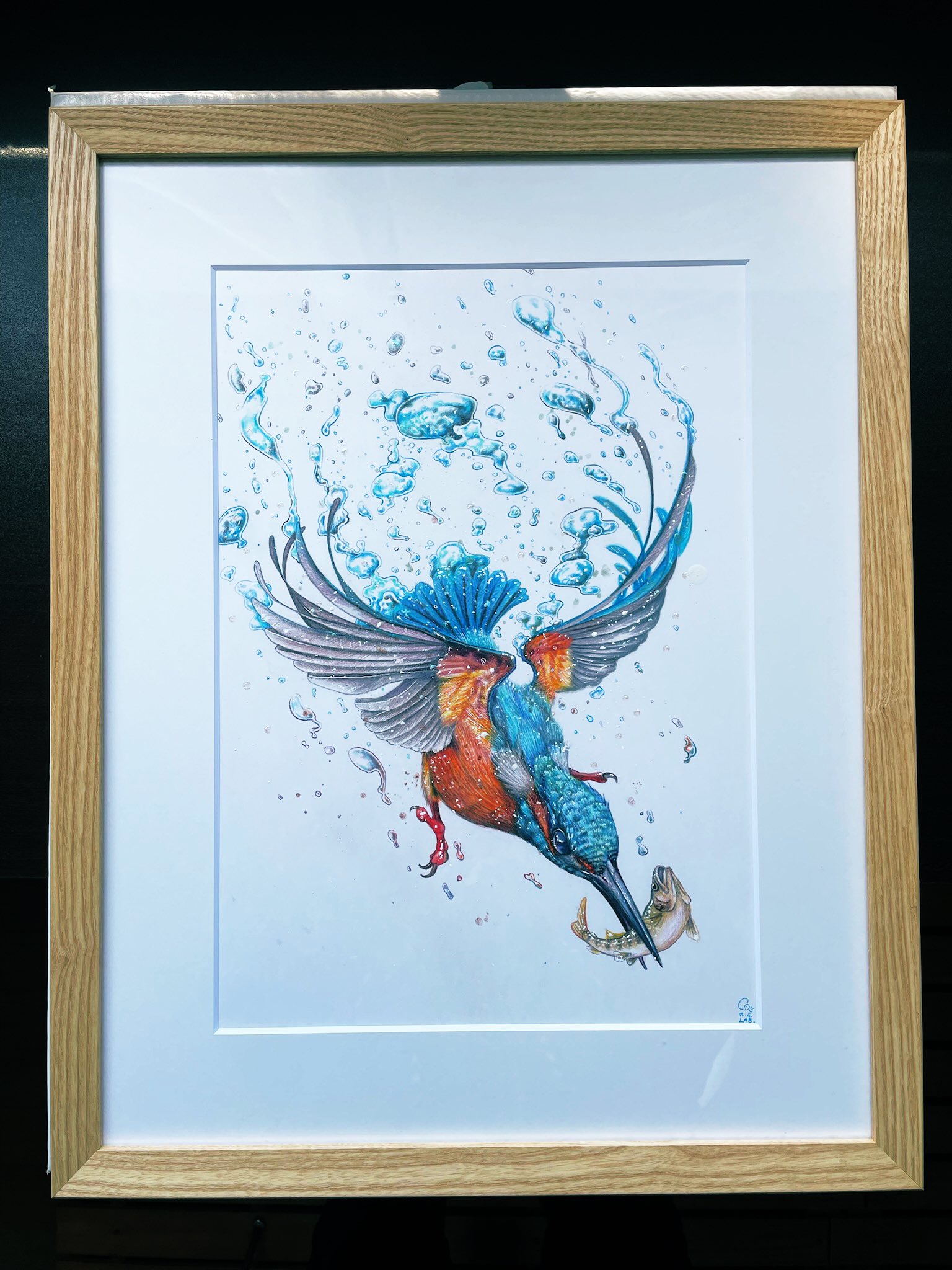 カワセミ  絵画  (額縁付) 絵画 鳥 カワセミの絵 インテリアアート額付き 水彩画・油絵調
