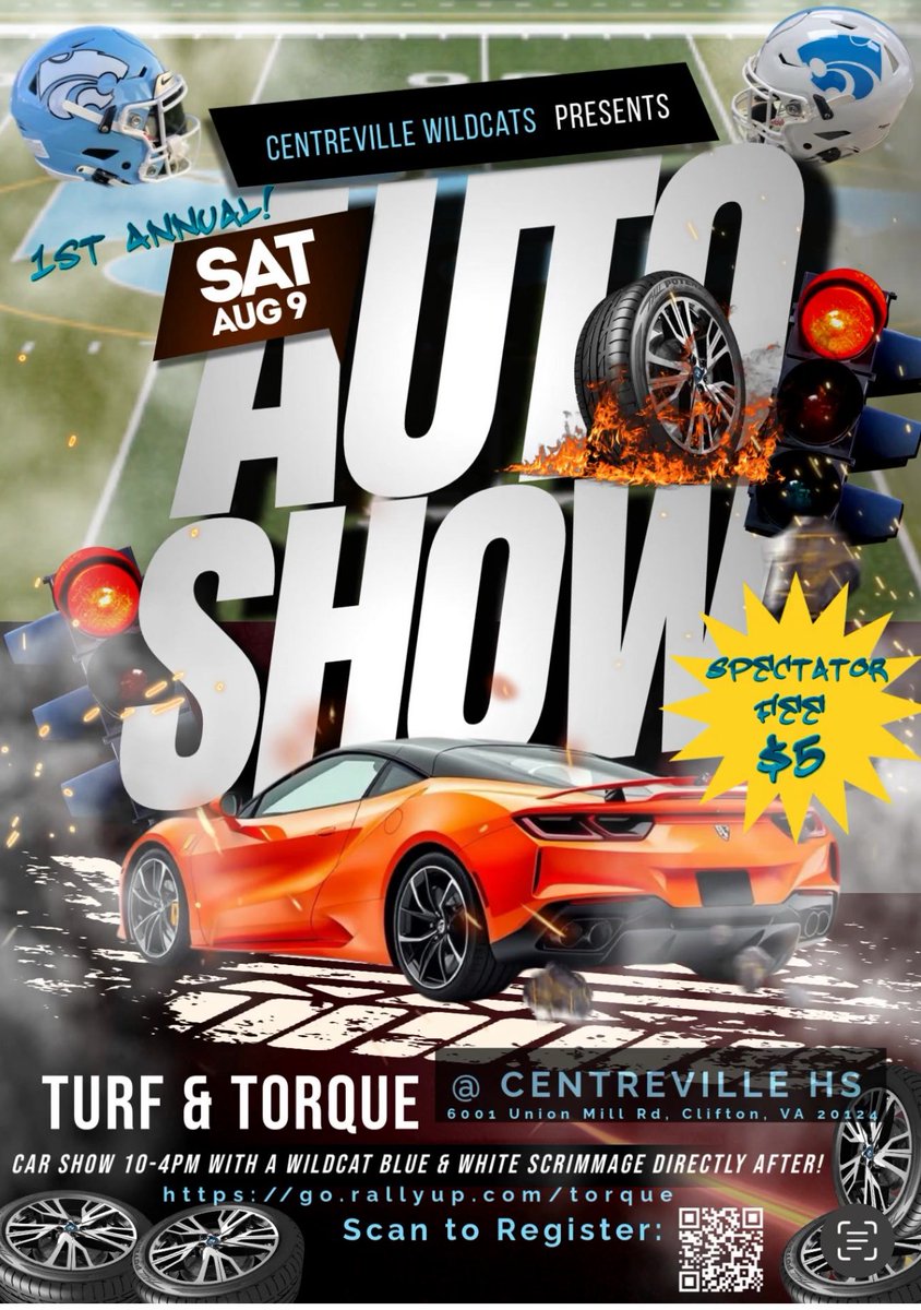 Joshua Culver (@coachculverloe) on Twitter photo CβVille FB will be hosting its 1st Annual Turf and Torque car show August 9 <a href="/CentrevilleHS/">Centreville HS</a>. Come out and celebrate the start of the 2025 season. There will be vendors, food, activities, and crazy cars. Lezzgo Wildcats!!
Sign up info to enter a car. go.rallyup.com/torque/Campaigβ¦ CβVille FB will be hosting its 1st Annual Turf and Torque car show August 9 <a href="/CentrevilleHS/">Centreville HS</a>. Come out and celebrate the start of the 2025 season. There will be vendors, food, activities, and crazy cars. Lezzgo Wildcats!!
Sign up info to enter a car. go.rallyup.com/torque/Campaigβ¦