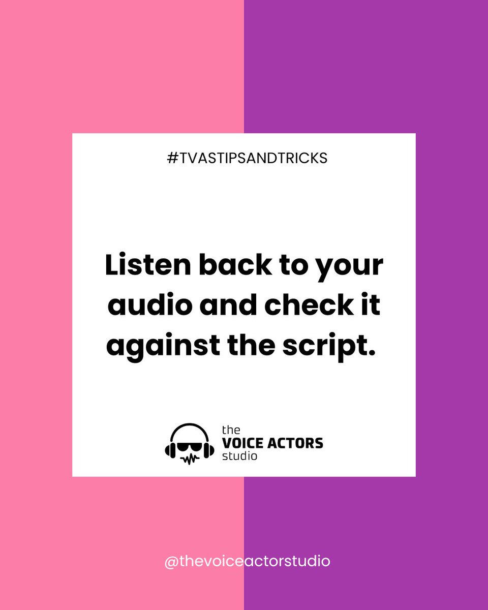 After you record an audition or a job, make sure you listen back while looking at your script to make sure you said all the words correctly. If you made any mistakes, you can record pickups and drop them in!