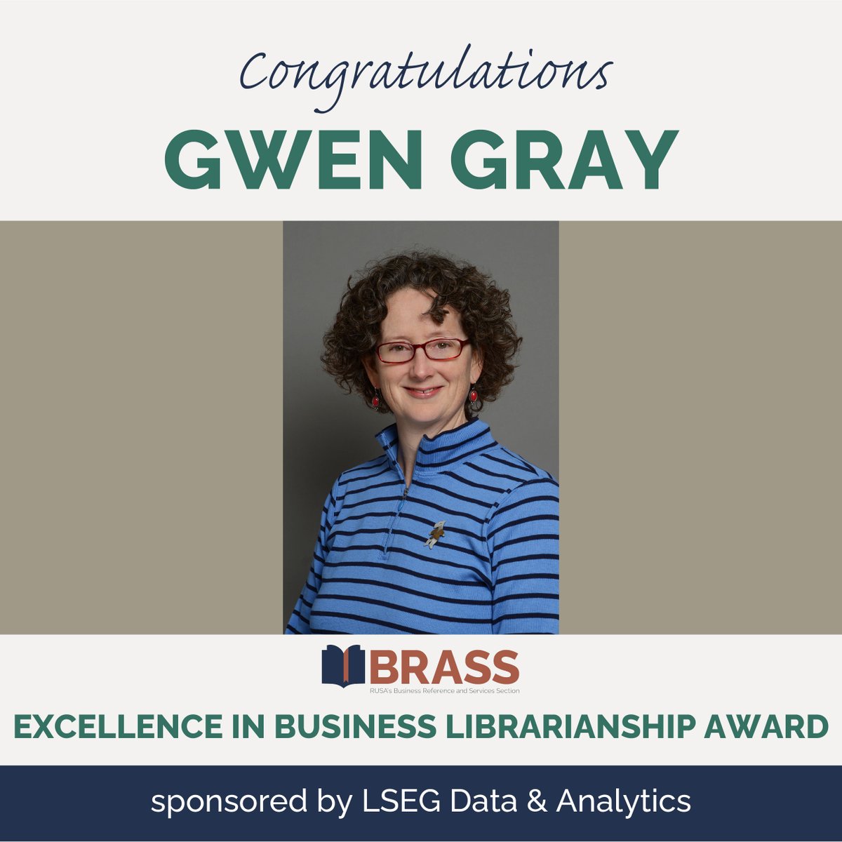 🎉Congratulations to Gwen Gray! Winner of the 2025 BRASS Excellence in Business Librarianship Award generously sponsored by <a href="/LSEGplc/">LSEG</a> 
#bizref #ALAAC25