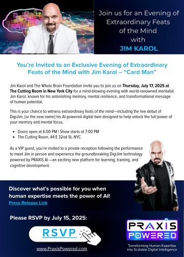 AiPraxis's tweet image. The Challenge: Even the world&apos;s greatest mentalist can only be in one place at a time
The Solution: AI digital expert technology powered by @aipraxis
 
Join us for an evening of extraordinary feats of the mind with Jim Karol:  
 
#PraxisPowered #DigitalExperts #ScalableExpertise