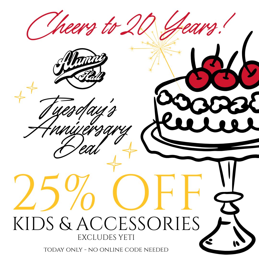 AlumniHallUNL's tweet image. Our Deal of the Day is almost over ⏳ Don&apos;t miss out on 25% off Kids &amp;amp; Accessories! 🎉🎂 
alumnihall.com