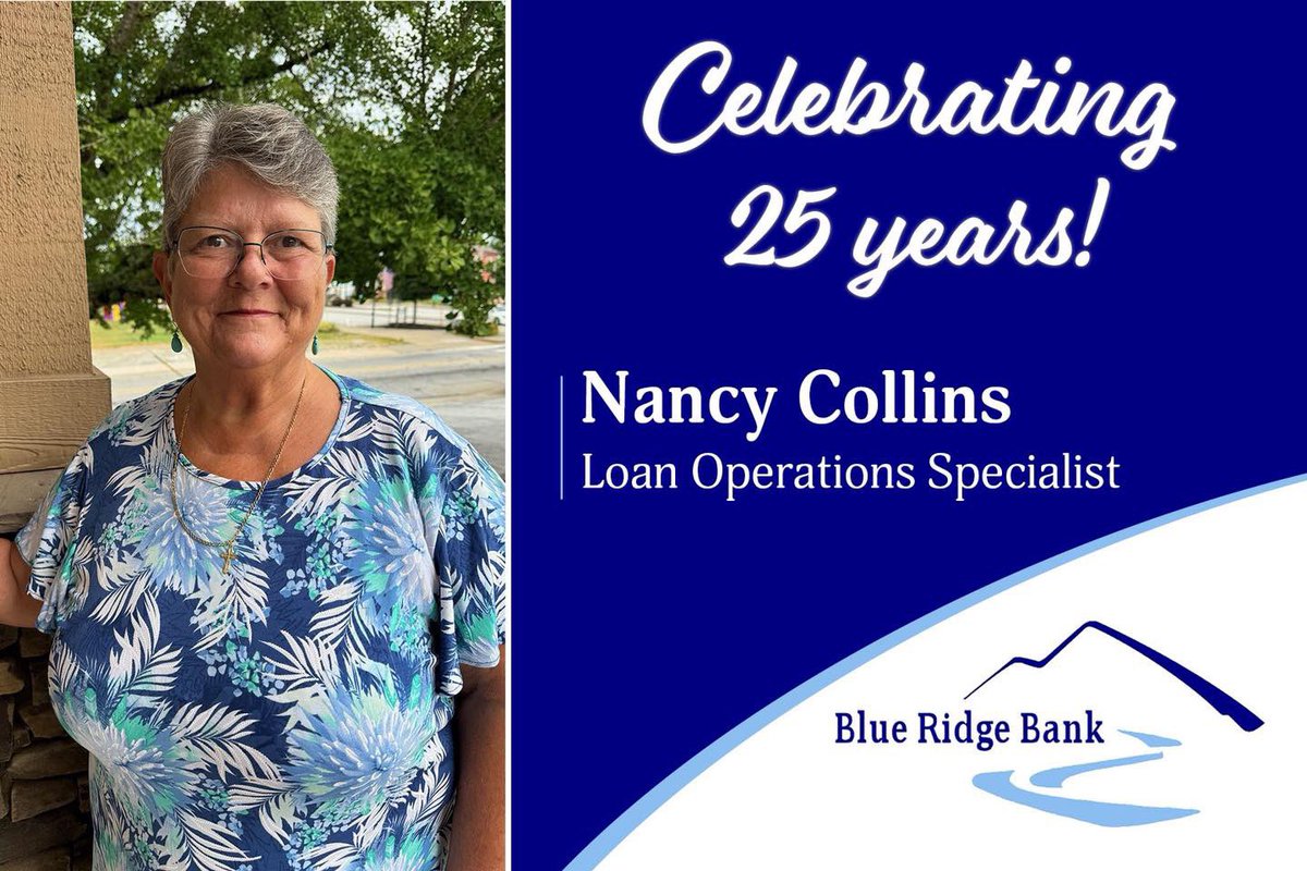 Congratulations to Nancy Collins on 25 YEARS with Blue Ridge Bank! 🎉

Nancy has dedicated a remarkable 25 years to serving our community. Her knowledge and commitment make her an incredible asset to our team.

Thank you, Nancy, for your years of hard work and loyalty. 💙