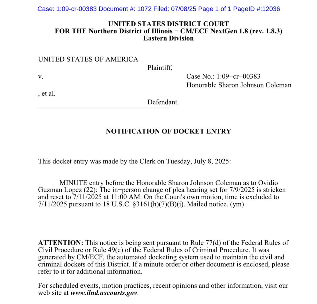 ⭕#Relevante | La Corte del Distrito Norte de Illinois retrasó para el próximo viernes 11 de julio la audiencia de Ovidio Guzmán López. 

Se espera que en esta sesión el capo se declare culpable de los cargos de narcotráfico como parte de un acuerdo con la Fiscalía.