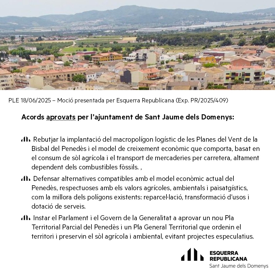 ERCDomenys's tweet photo. L’Ajuntament ha aprovat la moció d’Esquerra contra el polígon logístic de les Planes del Vent de la Bisbal del Penedès. Ho ha fet gràcies a nosaltres i a l’abstenció de la resta. Tot i quedar-nos sols en la defensa de la plana del Penedès, hem tirat endavant una moció necessària. https://t.co/k5RZrIdMWq