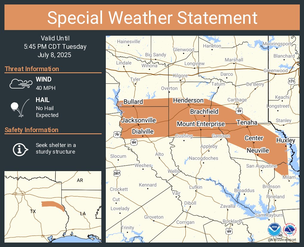 A special weather statement has been issued for Jacksonville TX, Henderson TX and  Center TX until 5:45 PM CDT