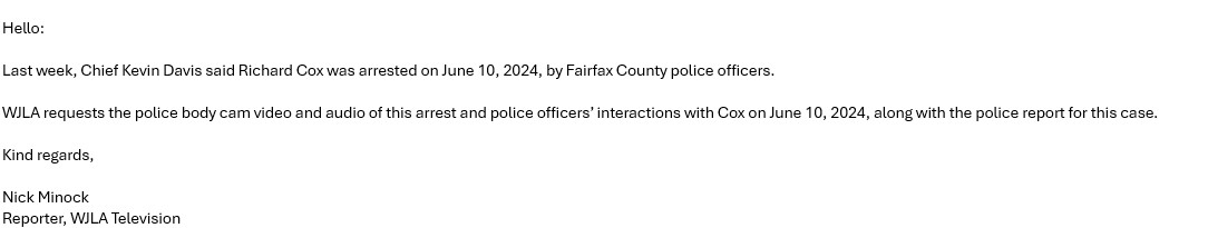 ❗️New: After Fairfax County Police Chief Kevin Davis claimed officers arrested Richard Cox for indecent exposure in a women's Planet Fitness locker room, I FOIA'd FCPD for the police body cam video and the report. However, FCPD is not giving us the body cam video or the report.