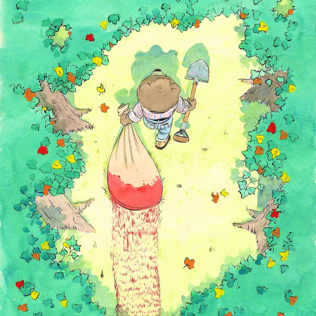 DMBlinded's tweet image. WTF is this book?!
Beneath the Trees Where Nobody Sees looks like a cute kids book but it’s actually about a serial killer teddy bear. The art is adorable, but the kills are brutal. One of the wildest horror comics out and the sequel starts this Wednesday.