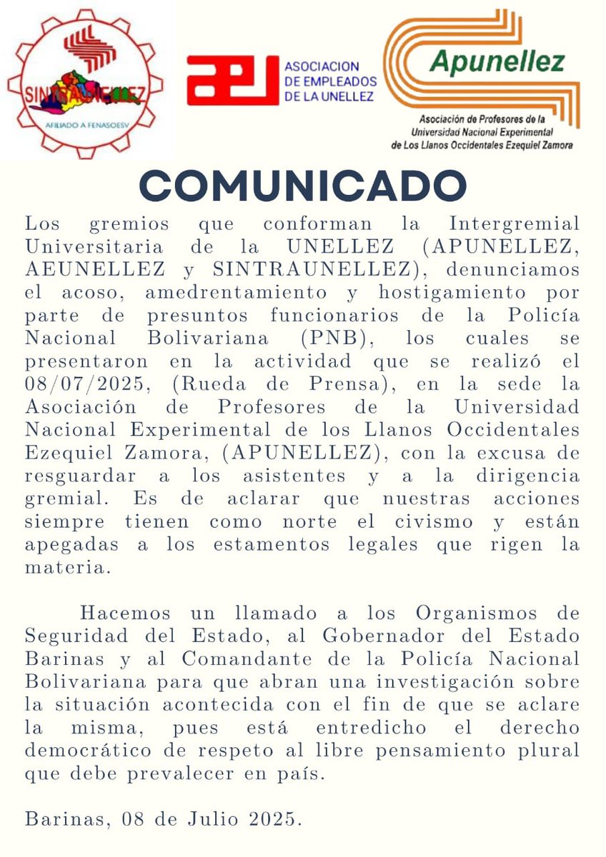 Gremios de la UNELLEZ piden respeto a la Libertad sindical y al libre pensamiento. #APUNELLEZ #FAPUV #AEUNELLEZ #SINTRAUNELLEZ