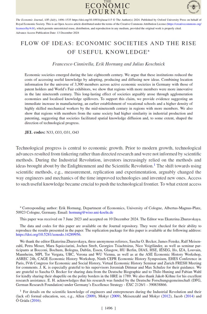 incprodmon's tweet image. Thought-provoking!

&quot;Flow of Ideas: Economic Societies and the Rise of Useful Knowledge&quot; by Francesco Cinnirella, Erik Hornung, and Julius Koschnick.

academic.oup.com/ej/article/135…